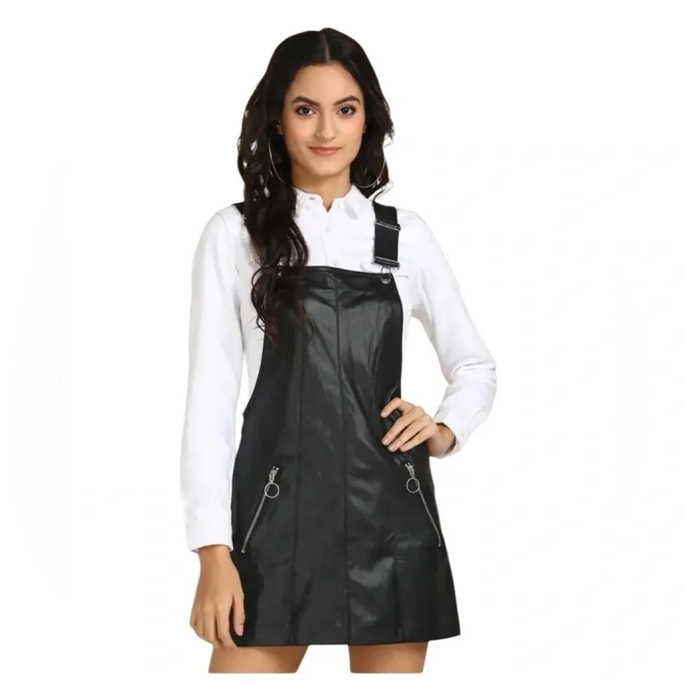 Forever 21 black pleather pinafore dress